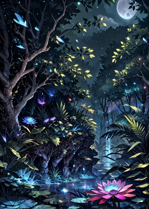 detailed background, tropical forest, vibrant colors of foliage, moonlight, blue light, scenery, no people, firefly, particles, ...