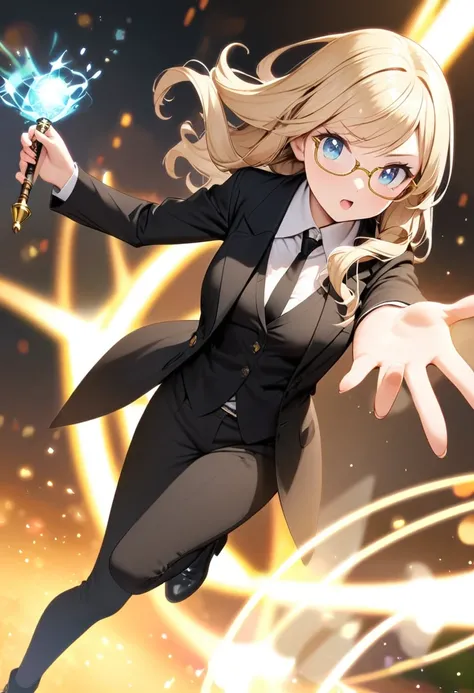 blond，grace，Black suit，Gold rimmed glasses，girl，one person，Magic wand in hand