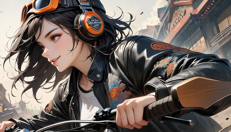 ((8k of extremely detailed CG unit, Masterpiece, high resolution, highest quality, highest quality real texture skin)), (((profile))), (((Japanese pattern leather jacket))), (((Harley-Davidson))), (((Japanese style headphones))), (((sunglasses))), (((Smili...