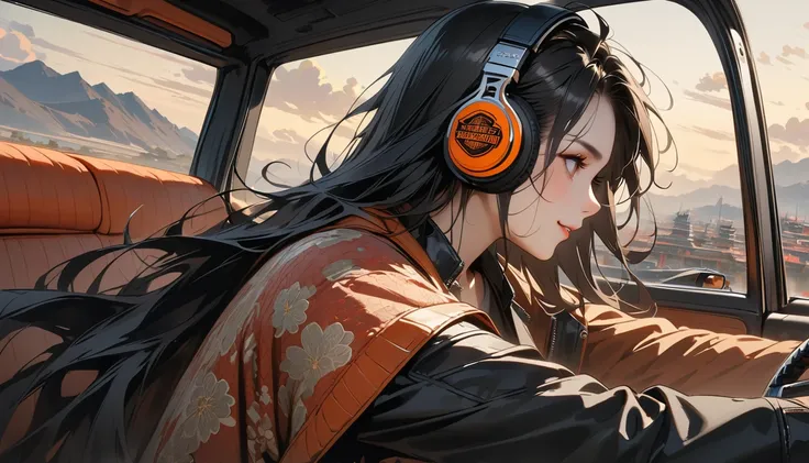 ((8k of extremely detailed CG unit, Masterpiece, high resolution, highest quality, highest quality real texture skin)), (((profile))), (((Japanese pattern leather jacket))), (((Harley-Davidson))), (((Japanese style headphones))), (((sunglasses))), (((Smili...