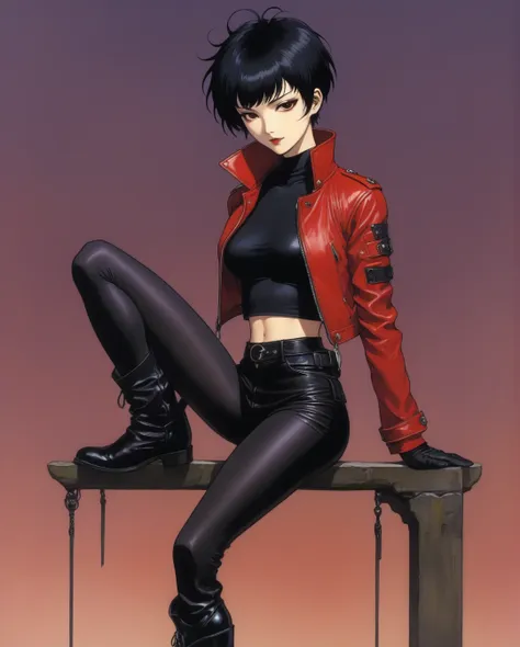 amano yoshitaka, a full-body, high-resolution anime style of a woman with black pixie cut hair, dressed in black tights, black b...