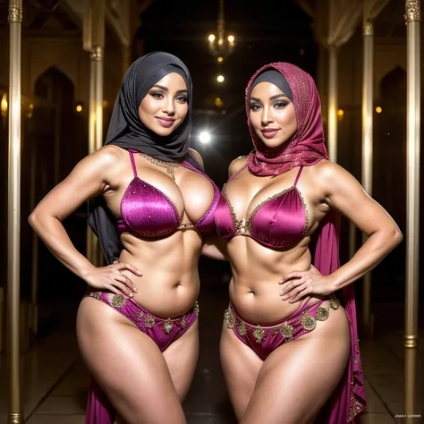 portrait, ((full body photo)), In an unexpected setting, an empty back alley, (two) huge breasts voluptuous confident and empowered ((hijabi)) ((Muslim)) women with hourglass figures (stood side by side). ((Both wearing belly dancer outfits)), they defied ...