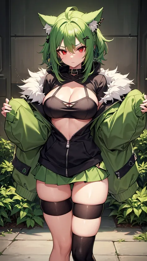   , Croped, , cleavage, slim waist, cropped hoodie underboob, cropped hoodieunderboobhoodie, 1girl, 2 wolf ears, wolf tail, marijuana crop hoodie, crop shorts, marijuana hoodie, spiky hair, spiky fur, green hair, red eyes,marijuana field, tight clothes, pe...