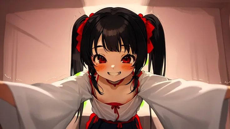 1girl, 10years old, loli, cute, 独奏, grin, naughty smile, flat chest, cute children fashion,　trembling with sexual climax、Black Hair、Red Eyes、Twin tails、Front facing