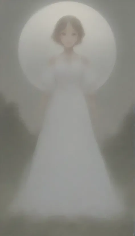 Full moon night、In a fantastic forest、White Dress、The girl&#39;s back is visible in the distance、The type of tree is broadleaf、The tree is crooked