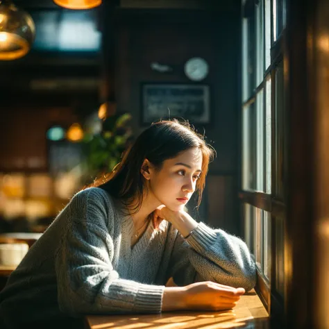 "A lonely woman sitting in the corner of a cozy café, surrounded by people yet isolated. She appears deep in thought, her expression reflecting sadness and solitude. The scene is softly lit, with warm, ambient light casting gentle shadows. The background s...