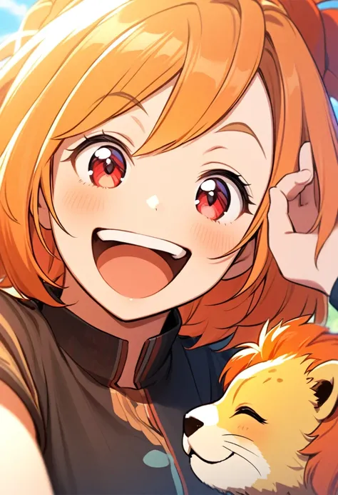 one person，Orange short hair，girl，Little lion，Sunny and cheerful，Laughing，Red eyes，Blue eyebrows，Black clothes，Half Body