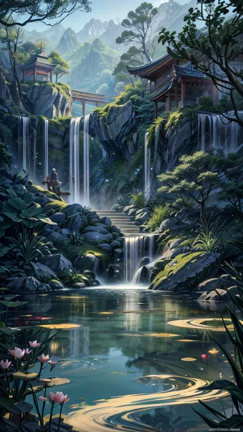 Ancient Chinese architecture, garden, bamboo, lake, stone bridge, rockery, arch, corner, rockery, tree, flowing water, landscape, outdoor, waterfall, meadow, rock, water lily, stream, lotus, moon, night view, hot springs, water vapor, (illustration: 1.0), ...