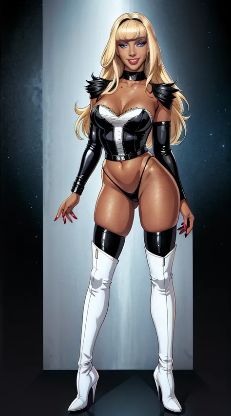 Sexy Hermaphrodite, Plump, pursed lips, freckles, Blonde with bangs.Crystal blue eyes with smoky eyeshadow and black eyeliner, Black semi-matt lipstick, Dark Skin, A frivolous, proud smile, ,Full body image、Background white、Stiletto heel thigh-high boots