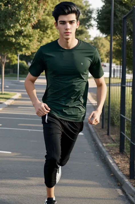 Draw a 20 year old young man, with black hair, high, skinny and white, running in a dark green t-shirt, with long black pants and black shoes in the suburbs of a modern city, United States