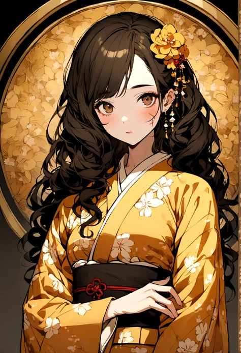 skin woman "Honey", brown eyes with some dark circles, a slight scar on the left cheek, medium black hair, clothes with yukata, 