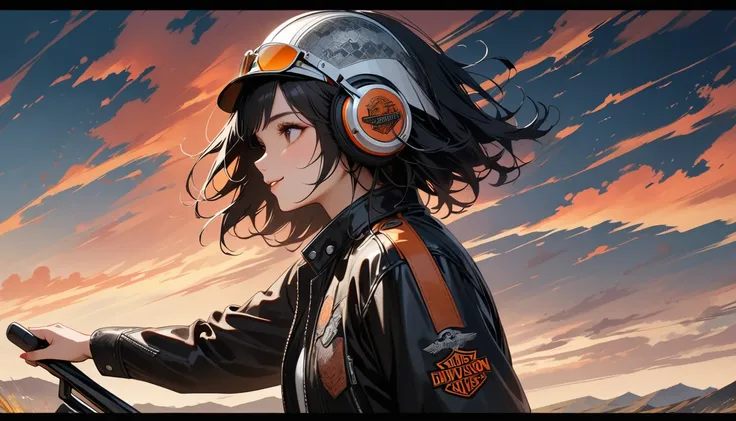 ((8k of extremely detailed CG unit, Masterpiece, high resolution, highest quality, highest quality real texture skin)), (((profile))), (((Japanese pattern leather jacket))), (((Harley-Davidson))), (((Japanese style headphones))), (((sunglasses))), (((Smili...