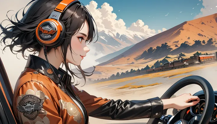 ((8k of extremely detailed CG unit, Masterpiece, high resolution, highest quality, highest quality real texture skin)), (((profile))), (((Japanese pattern leather jacket))), (((Harley-Davidson))), (((Japanese style headphones))), (((sunglasses))), (((Smili...