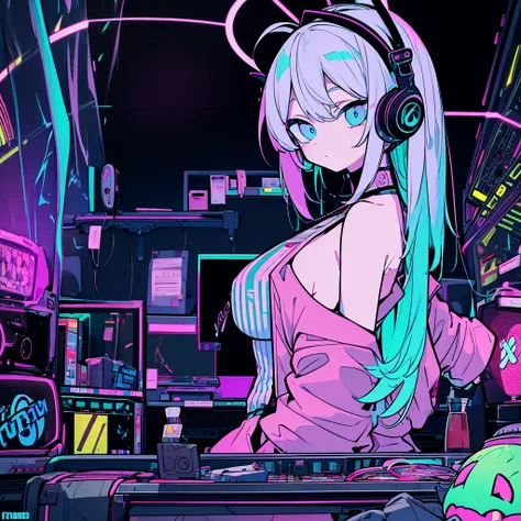 Best quality, (masterpiece:1.2), best detail face, 1 girl, big breasts, 18 yo, 8k,absurdres,unity 8k wall paper,(extremely detailed:1.3), highest realistic, (soft neon light:1.1), (floating hair:1.2), (psychedelic:1.2), (retro headphones), A space filled w...