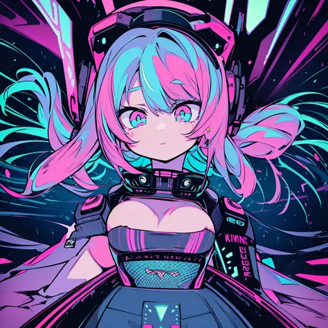 Best quality, (masterpiece:1.2), best detail face, 1 girl, big breasts, 18 yo, 8k,absurdres,unity 8k wall paper,(extremely detailed:1.3), highest realistic, (soft neon light:1.1), (floating hair:1.2), (psychedelic:1.2), (retro headphones), A space filled w...