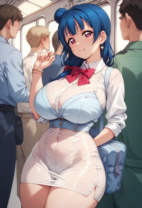 Yoshiko Tsushima love live, huge breasts, navy blue hair,thin waist, thighs,curvy body, Impatient expression, white see-through bodycone dress,in train 