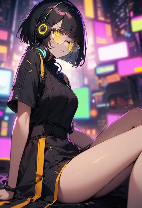 (blurry background:1.3), (extremely detailed fine touch:1.3), (super very black short hair:1.3), BREAK (((yellow underrim glasses:1.3))), (headphones:1.2), kimono, bare legs, bare arms, BREAK (cyber city:1.3), (asian cyberpunk:1.3), (neon:1.3), (innovative...