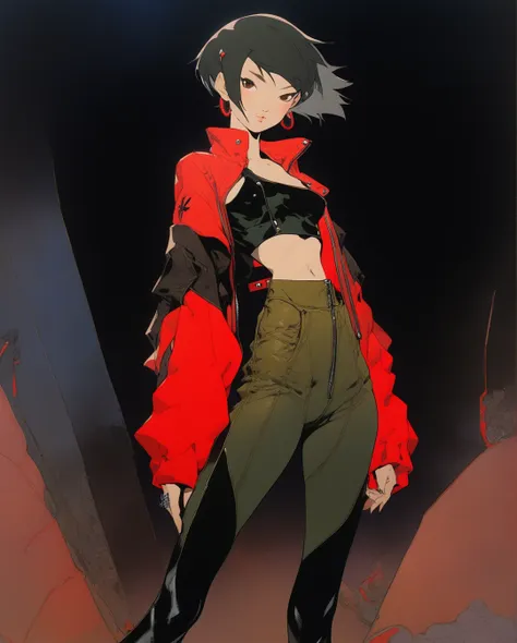 amano yoshitaka, a full-body, high-resolution anime style of a woman with black pixie cut hair, dressed in black tights, black b...