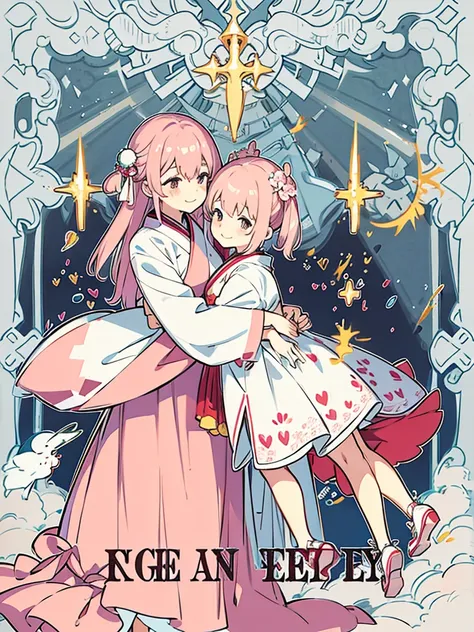 Two girls, one tall and one short, smiling，Hug each other and look at each other。The image is light pink。One of them is wearing Hanfu，A modern dress。The character is plump