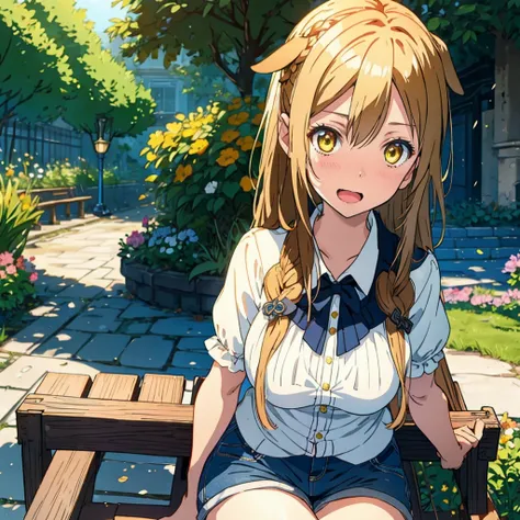 Girl with dog ears and tail, erect ears, honey yellow eyes, Highly detailed eyes, long hair and(( White)) with a small braid on the sides, denim shorts, translucent blouse, whole body, looking up, open mouth smile, big chest, beautiful body, detailed face ...