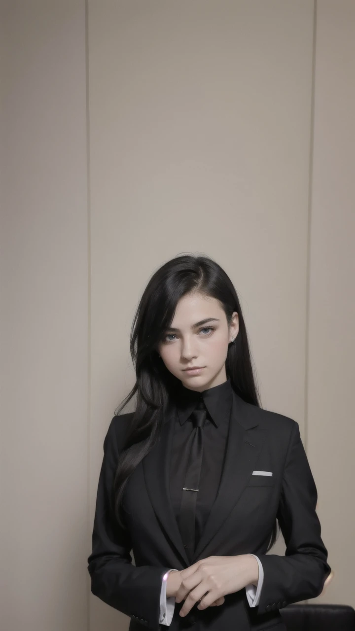 portrait of european girl,solo,20yo,beautiful face,uppser body,hair over one eye,medium sidecut, black hair, sharp focus,black business suit