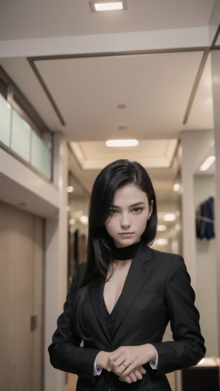 portrait of european girl,solo,20yo,beautiful face,uppser body,hair over one eye,medium sidecut, black hair, sharp focus,black business suit