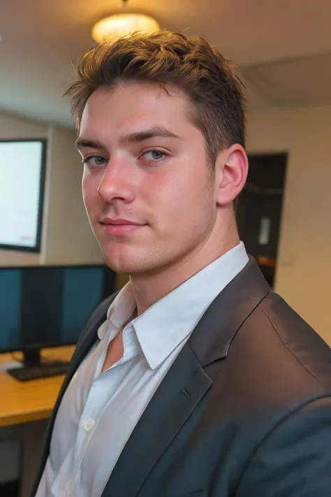 European male, office worker, serious, kid, beautiful skin, portrait, positive, slightly overweight,Face and body facing forward