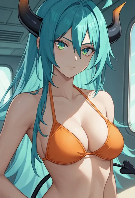 score_9, score_8_up, score_7_up,1 daemon woman, black  demon horns, black demon tail, (aquamarine hair),aquamarine green color hair,ahoge, long hair, (long hair),bangs, light orange bikini, bikini is orange, bikini orange, orange bikini!, (aquamarine eyes)...