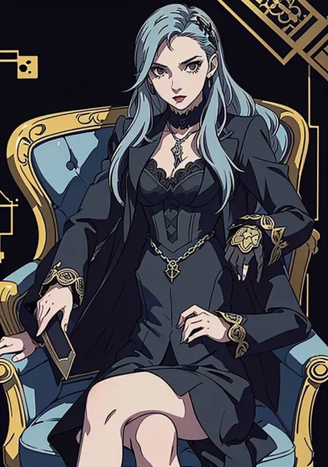 pollux | alchemy stars, sae niijima | persona 5, 1girl, legs crossed, holding cane, white hair, long hair, yellow eyes, v-neck p...