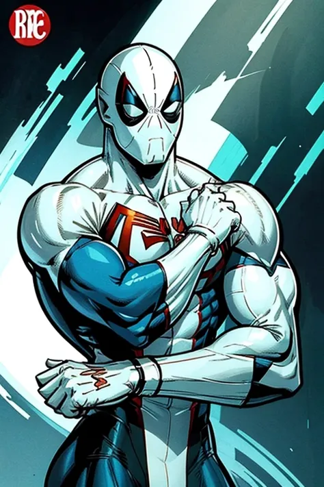 comic book style, muscular, white spiderman suit with  blue and green accents.