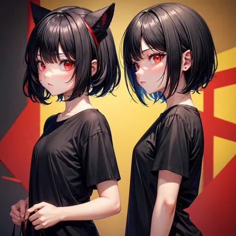 Short black bob, canvas ears, black shirt, Red eyes