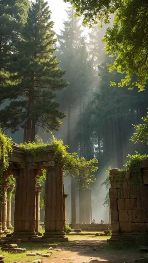 Photo-realistic landscapes,Ancient ruins,forest,Light of the sun,32k