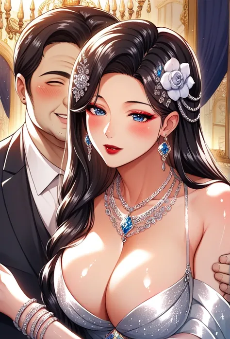 Hot sexy beautiful one  princess  with hugging ugly fat old man,   long sparkling chandelier earrings,big breasts, ,black hair ,blush,blue eyes,red lipstick, chandelier jewelry,makeup, ornament, chandelier necklace,waist chain, rings,bangles,hair flower br...