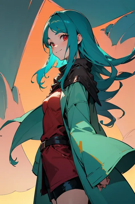 Beautiful woman, beautiful face, a big smile in her face, tall, hair down to the back, teal hair, big eyes, dark red eyes,  wearing an adventurers outfit, wearing shorts, wearing a coat, small breasts, anime style.