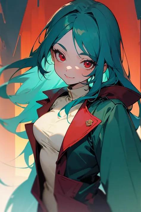 Beautiful woman, beautiful face, a big smile in her face, tall, hair down to the back, teal hair, big eyes, dark red eyes,  wearing an adventurers outfit, wearing shorts, wearing a coat, small breasts, anime style.