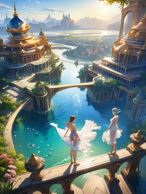 2girls,(masterpiece:1.2),best quality,multicolored,masterpiece,best quality,((an extremely delicate and beautiful)),floating,(detailed wet clothes),(detailed light),feather,nature,(sunlight),river,floating palace,beautiful and delicate water,(bloom),(shine...