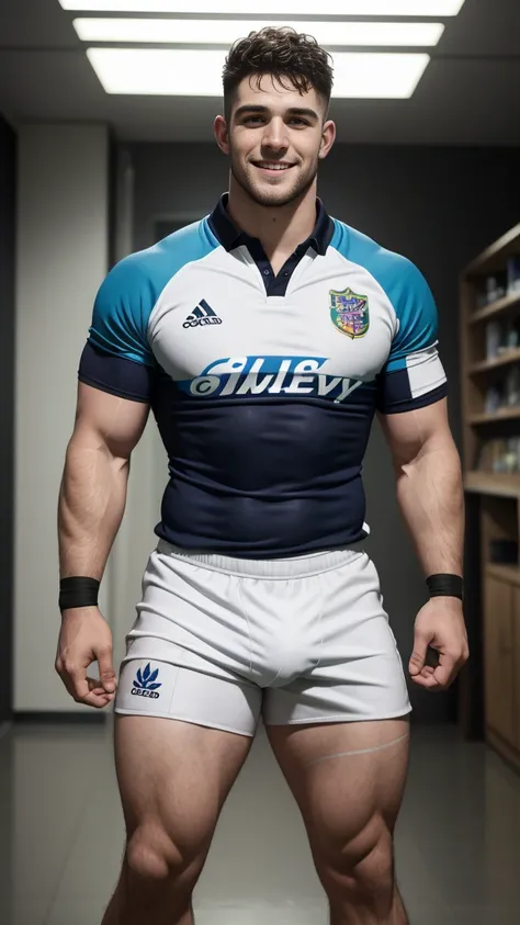 1 pale man rugby player ,Full body, rugby player, sport tight pants, touching his cock bulge, rugby esportive uniform, Black wavy short hair fade , nice big eyes, shaved European 30yo man with large smile, large detailed lips, hard light, wearing team rugb...