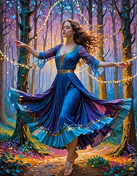 Imagine a digital painting of a festive forest clearing at twilight, where a young woman dances gracefully, her dress a blur of vibrant colors in motion. The trees form a natural amphitheater, their branches adorned with glowing fairy lights. The sky is a ...