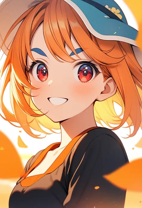 one person，Orange short hair，girl，，Sunny and cheerful，Red eyes，Blue eyebrows，Black clothes，Half Body，淡Blue eyebrows，淡Blue eyebrows