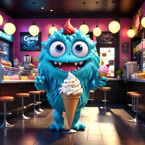 Ice Cream Monster
A cute ice cream monster with big eyes and a swirled, creamy body, happily chilling in an ice cream parlor. The cartoon character is designed in the style of Pixar animation studio, created using C4D software. It has a delicious mix of co...