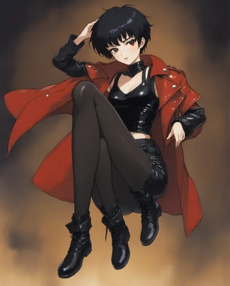 amano yoshitaka, a full-body, high-resolution anime style of a woman with black pixie cut hair, dressed in black tights, black b...