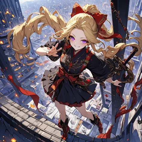 1girl, solo, standing on the roof of a skyscraper, dark persona, hand on own hip, pillars of purple fire, gripping sword in hand, masterpiece, best quality, ultra-detailed, illustration, beautiful detailed eyes, kusakabe maron, kaitou jeanne, long hair, ev...