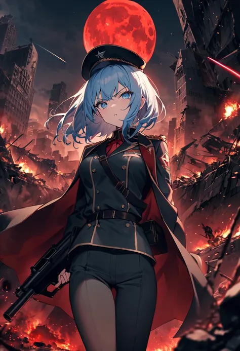 Facing forward　girl　Military uniforms with a white base and some black　Spectacular Background　A shooting star is falling　Beautiful night view　　　She is on the right　On the left you can see the destroyed city.　He has a gun　　　服にはplaneが描かれています　背景の上部にはFighterが飛...