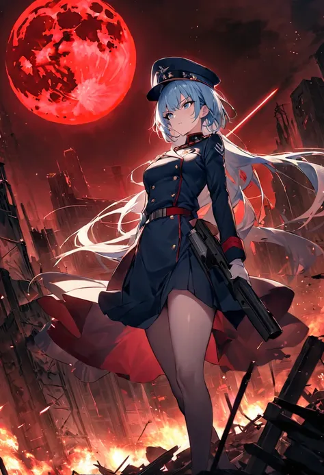 Facing forward　girl　Military uniforms with a white base and some black　Spectacular Background　A shooting star is falling　Beautiful night view　　　She is on the right　On the left you can see the destroyed city.　He has a gun　　　服にはplaneが描かれています　背景の上部にはFighterが飛...