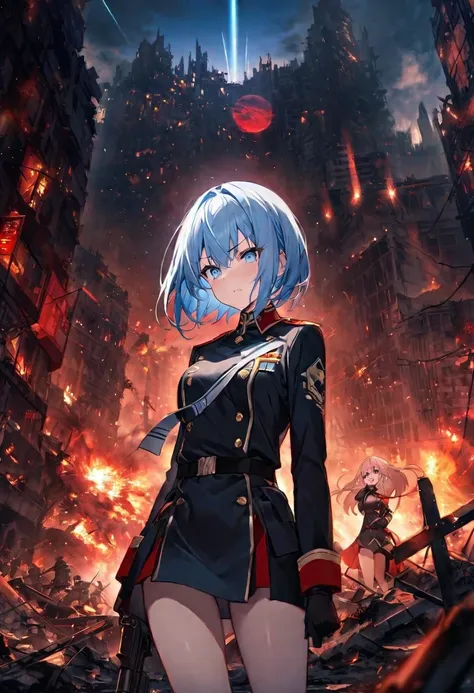 Facing forward　girl　Military uniforms with a white base and some black　Spectacular Background　A shooting star is falling　Beautiful night view　　　She is on the right　On the left you can see the destroyed city.　He has a gun　　　服にはplaneが描かれています　背景の上部にはFighterが飛...