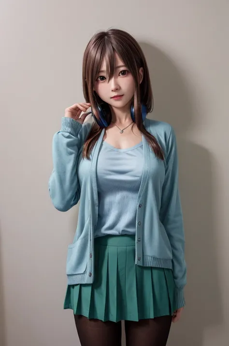 masterpiece, Highest quality, High resolution, nm1, Headphones around the neck, , Long sleeve, Blue cardigan, Green Skirt, pantyhose, Cowboy Shot, Are standing