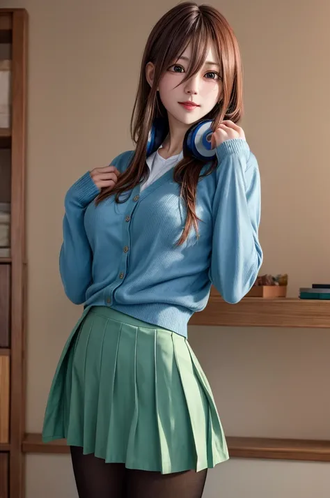 masterpiece, Highest quality, High resolution, nm1, Headphones around the neck, , Long sleeve, Blue cardigan, Green Skirt, pantyhose, Cowboy Shot, Are standing