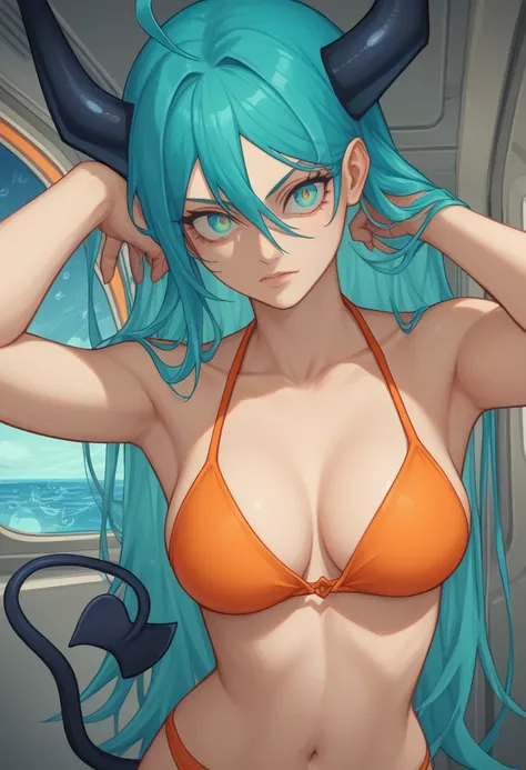 score_9, score_8_up, score_7_up,1 daemon woman, black  demon horns, black demon tail, (aquamarine hair),aquamarine green color hair,ahoge, long hair, (long hair),bangs, light orange bikini, bikini is orange, bikini orange, orange bikini!, (aquamarine eyes)...