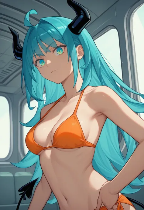 score_9, score_8_up, score_7_up,1 daemon woman, black  demon horns, black demon tail, (aquamarine hair),aquamarine green color hair,ahoge, long hair, (long hair),bangs, light orange bikini, bikini is orange, bikini orange, orange bikini!, (aquamarine eyes)...