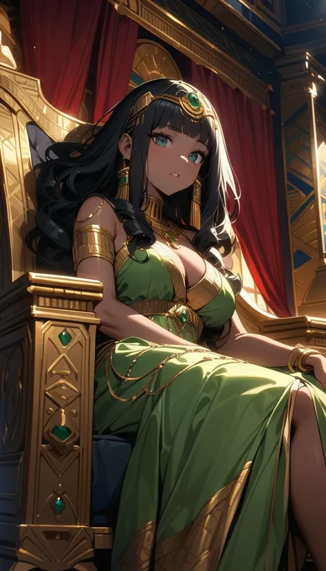 ((Masterpiece)), ((Best Quality)), (Very Detailed), ((Very Detailed)), 4K, (8K), very aesthetic, absurdres highres, 1 woman, brown skin, solo, Cleopatra sits on a luxurious throne in an ancient Egyptian palace, bathed in golden light. She crosses her legs ...